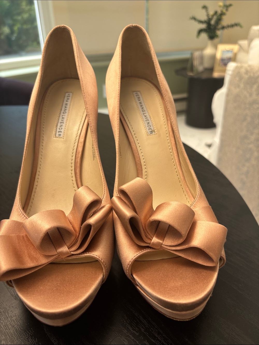 Vera Wang Lavender Label Rose Gold Satin Peep-Toe Bow Platform Pumps